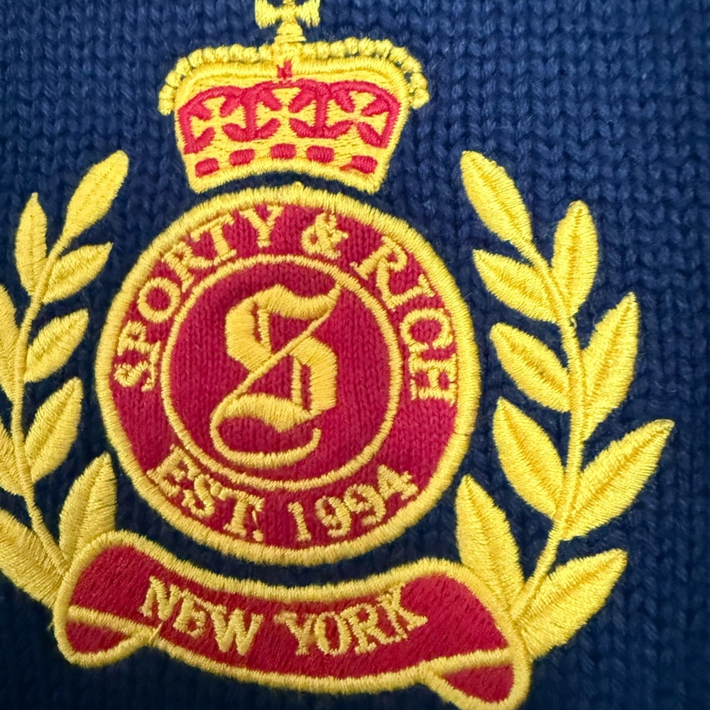 Sporty and Rich brand Medium NWT Navy Blue Cotton Crewneck Health Crest Sweater - Picture 9 of 16